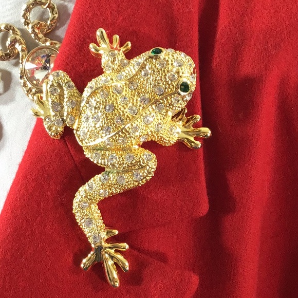 Vintage large rhinestone encrusted gold frog pin brooch - Picture 6 of 11